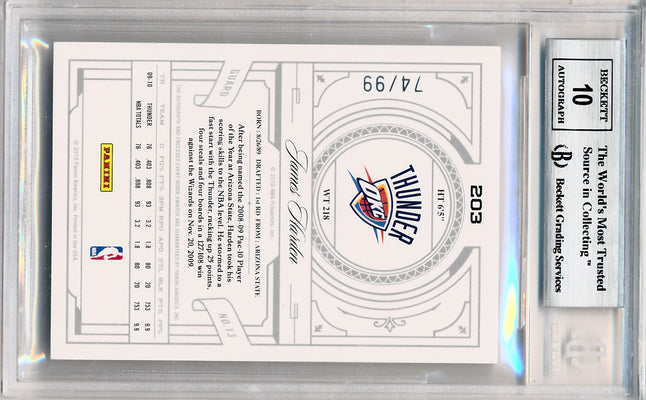 Panini 2009-2010 National Treasures Century Silver #203 James Harden 74/99 / BGS Grade 9 / Auto Grade 10