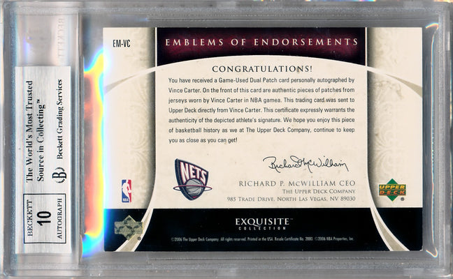 Upper Deck 2005-2006 Exquisite Collection Emblems Of Endorsement #EMVC Vince Carter 8/15 / BGS Grade 9 / Auto Grade 10