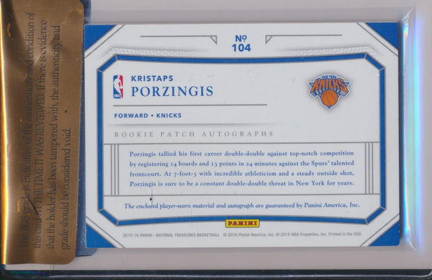 Panini 2015-2016 National Treasures Emerald RPA #104 Kristaps Porzingis 5/5 / BGS Grade 8 / Auto Grade 10