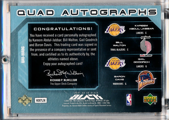 Upper Deck 2007-2008 Ud Black Quad Autographs #QAU-WADG Kareem Abdul Jabbar / Bill Walton / Gail Goodrich / Baron Davis 1/1