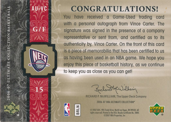 Upper Deck 2006-07 Ultimate Collection  Ultimate Jersey Autographs #AU-VC Vince Carter 47/75