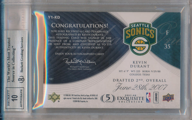 Upper Deck  2007-2008 Exquisite Collection Year One Autographs #Y1-KD Kevin Durant 2/10 / BGS Grade 9 / Auto Grade 10