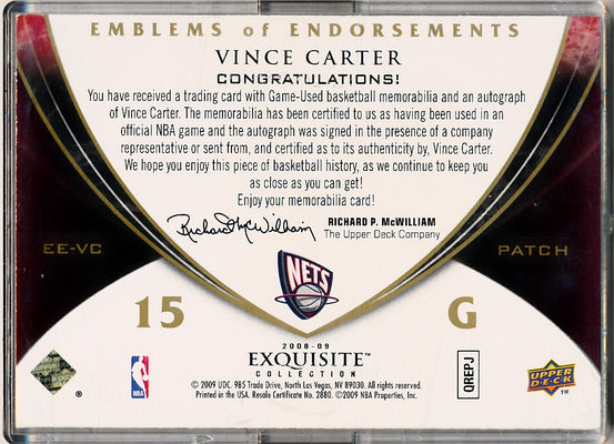 Upper Deck 2008-2009 Exquisite Collection Emblems Of Endorsement #EEVC Vince Carter 10/10