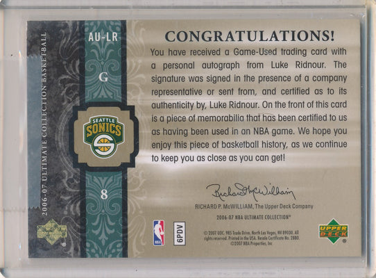 Upper Deck 2006-07 Ultimate Collection  Ultimate Jersey Autographs #AU-LR Luke Ridnour 08/75