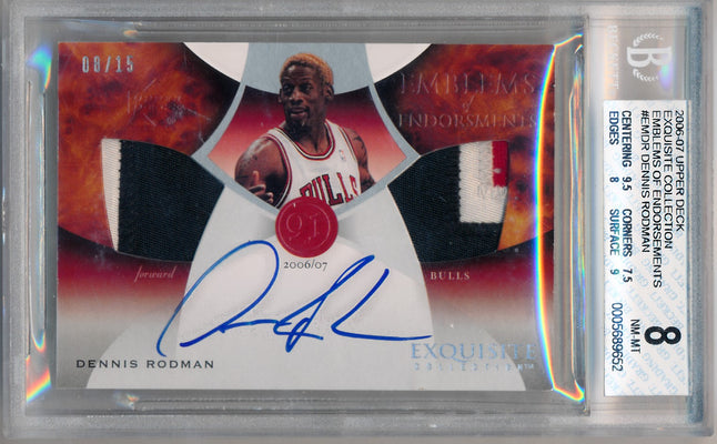 Upper Deck 2006-2007 Exquisite Collection Emblems Of Endorsement #EMDR Dennis Rodman 8/15 / BGS Grade 8 / Auto Grade 10