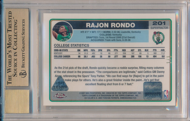 Topps 2006-07 Chrome Superfractors Auto #201 Rajon Rondo 1/1 / BGS Grade 9.5 / Auto Grade 10