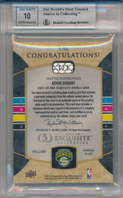 Upper Deck  2007-2008 Exquisite Collection Press Plates Yellow #Y-94 Kevin Durant 1/1 / BGS Grade 8.5 / Auto Grade 10