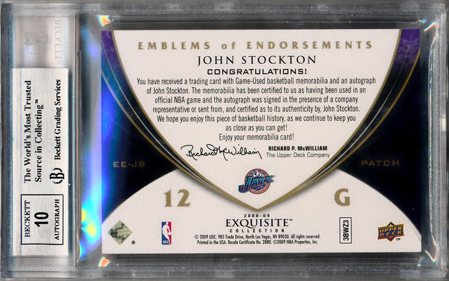 Upper Deck 2008-2009 Exquisite Collection Emblems Of Endorsement #EEJS John Stockton 4/10 / BGS Grade 8.5 / Auto Grade 10