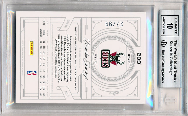 Panini 2009-2010 National Treasures Century Silver #209 Brandon Jennings 27/99 / BGS Grade 9 / Auto Grade 10