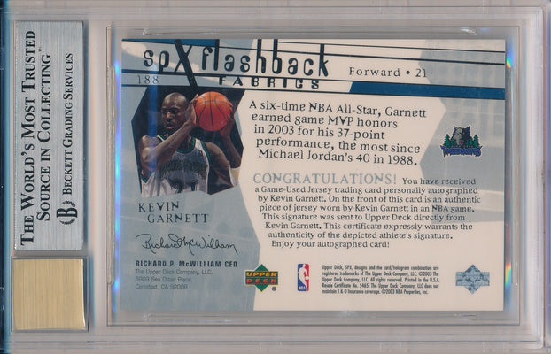 Upper Deck 2003-2004 SPX Flashback Fabrics #188 Kevin Garnett  / BGS Grade 9 / Auto Grade 10