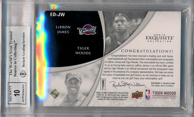 Upper Deck 2009-2010 Exquisite Collection Numbers #ED-JW Lebron James / Tiger Woods 2/3 / BGS Grade 8.5 / Auto Grade 10