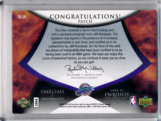 Upper Deck 2006-2007 Exquisite Collection Emblems Of Endorsement #EMJH Jeff Hornacek 11/15