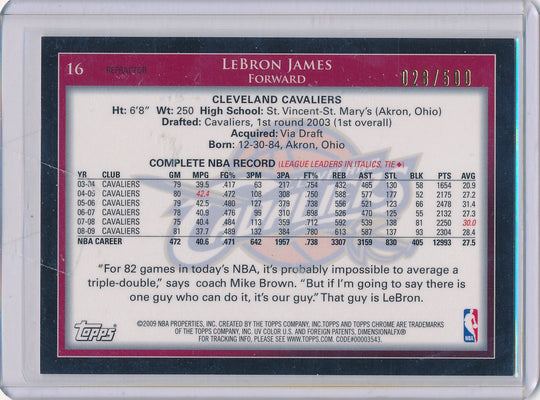 Topps 2009 Chrome Refractor #16 Lebron James 28/500