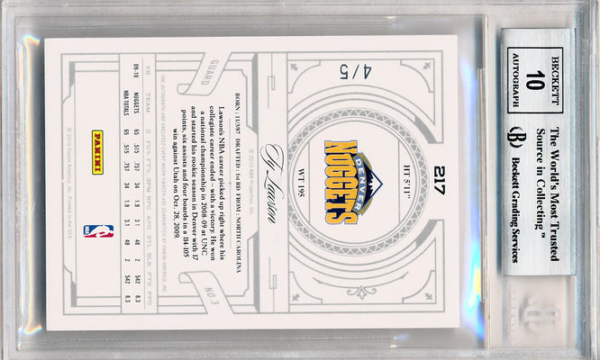 Panini 2009-2010 National Treasures Century Platinum #217 Ty Lawson 4/5 / BGS Grade 9 / Auto Grade 10