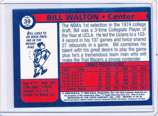 Topps 1996-1997 Finest Reprint Refractor #39 Bill Walton