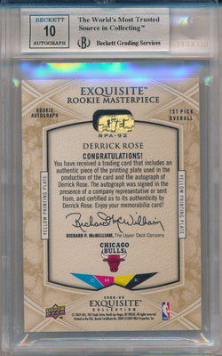 Upper Deck 2008-09 Exquisite Collection Exquisite Rookie Masterpiece Yellow Plate #92 Derrick Rose 1/1 / BGS Grade 9 / Auto Grade 10