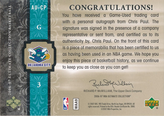 Upper Deck 2006-07 Ultimate Collection  Ultimate Jersey Autographs #AU-CP Chris Paul 37/75