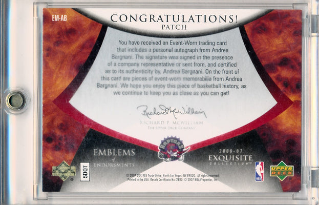 Upper Deck 2006-2007 Exquisite Collection Emblems Of Endorsement #EMAB Andrea Bargnani 3/15