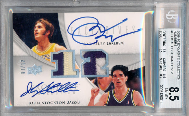 Upper Deck 2009-2010 Exquisite Collection Dual Numbers Pieces #ED-RS Pat Riley / John Stockton 7/12 / BGS Grade 8.5 / Auto Grade 10