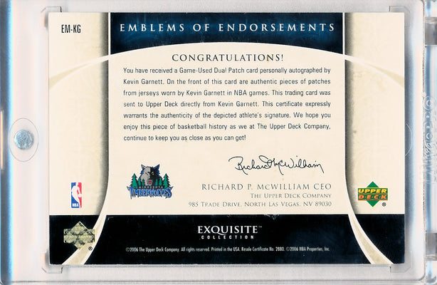 Upper Deck 2005-2006 Exquisite Collection Emblems Of Endorsement #EMKG Kevin Garnett 9/15