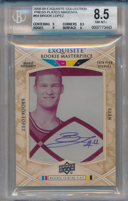 Upper Deck 2008-09 Exquisite Collection Exquisite Rookie MasterPiece Magneta Plate #RPA-64 Brook Lopez 1/1 / BGS Grade 8.5 / Auto Grade 10