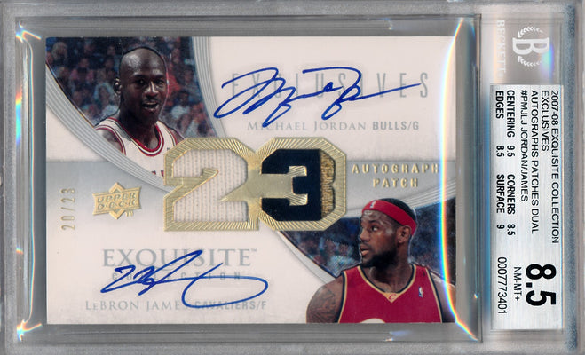 Upper Deck 2007-2008 Exquisite Collection Exclusives Autographs Dual Patches #EDP-MJ/LJ Michael Jordan / Lebron James 20/23 / BGS Grade 8.5 / Auto Grade 10