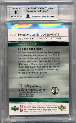 Upper Deck 2003-2004 Exquisite Collection Emblems Of Endorsements #EM-LB Larry Bird 2/15 / BGS Grade 8.5 / Auto Grade 10