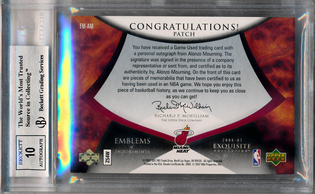 Upper Deck 2006-2007 Exquisite Collection Emblems Of Endorsement #EMAM Alonzo Mourning 6/15 / BGS Grade 9 / Auto Grade 10