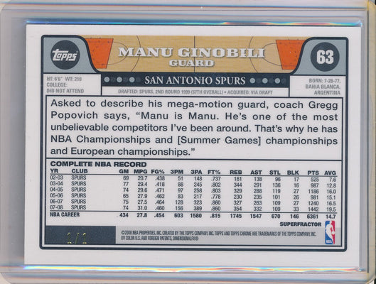 Topps 2008-2009 Chrome Superfractor #63 Manu Ginobili 1/1