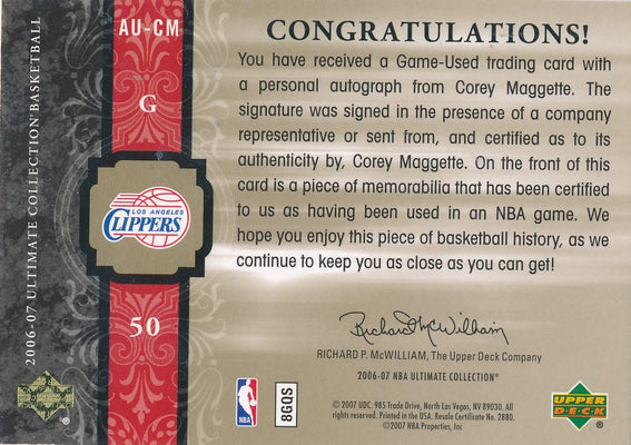 Upper Deck 2006-07 Ultimate Collection  Ultimate Jersey Autographs #AU-CM Corey Maggette 02/75