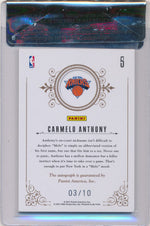 Panini 2010-2011 National Treasures Notable Nicknames  #5 Carmelo Anthony 3/10 / BGS Grade 9 / Auto Grade 10