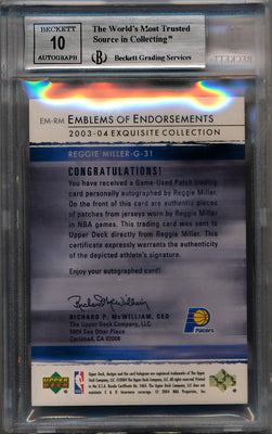 Upper Deck 2003-2004 Exquisite Collection Emblems Of Endorsements #EM-RM Reggie Miller 12/15 / BGS Grade 8.5 / Auto Grade 10