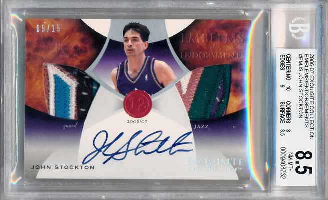 Upper Deck 2006-2007 Exquisite Collection Emblems Of Endorsement #EMJS John Stockton 9/15 / BGS Grade 8.5 / Auto Grade 10