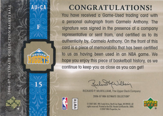 Upper Deck 2006-07 Ultimate Collection  Ultimate Jersey Autographs #AU-CA Carmelo Anthony/Al Horford 63/75