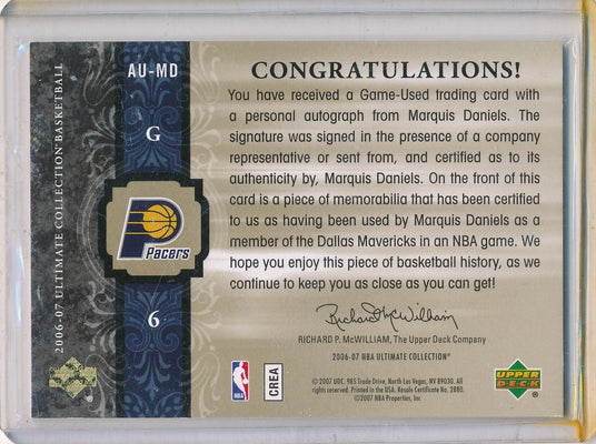 Upper Deck 2006-07 Ultimate Collection  Ultimate Jersey Autographs #AU-MD Marquis Daniels 49/75