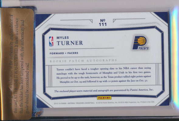 Panini 2015-2016 National Treasures SIlver RPA #111 Myles Turner 73/99 / BGS Grade 8 / Auto Grade 10