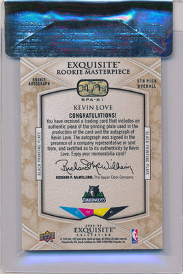 Upper Deck 2008-09 Exquisite Collection Black Printing Plate  #RPA-61 Kevin Love 1/1 / BGS Grade 6 / Auto Grade 10