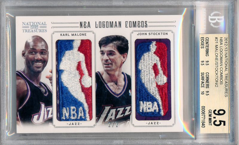 Panini 2012-2013 National Treasures NBA Logoman Combos #21 Karl Malone / John Stockton 2/2 / BGS Grade 9.5