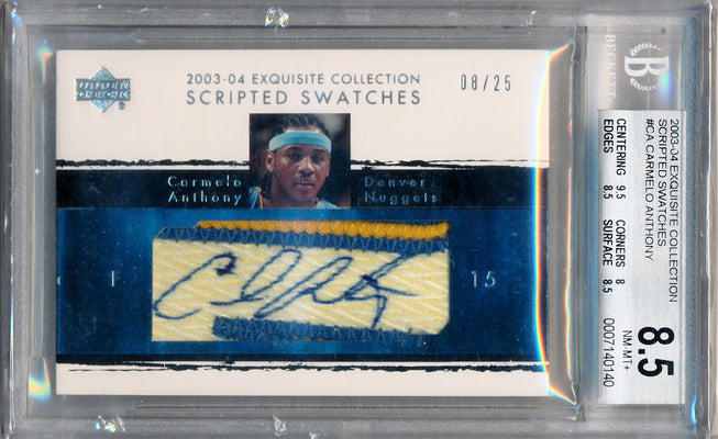 Upper Deck 2003-2004 Exquisite Collection Scripted Swatches #SS-CA Carmelo Anthony 8/25 / BGS Grade 8.5 / Auto Grade 9