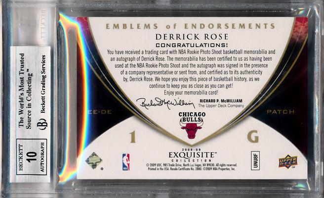 Upper Deck 2008-2009 Exquisite Collection Emblems Of Endorsement #EEDE Derrick Rose 10/10 / BGS Grade 8.5 / Auto Grade 10