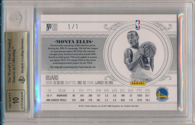 Panini 2010-2011 National Treasures Century Signatures #30 Monta Ellis 1/1 / BGS Grade 9.5 / Auto Grade 10