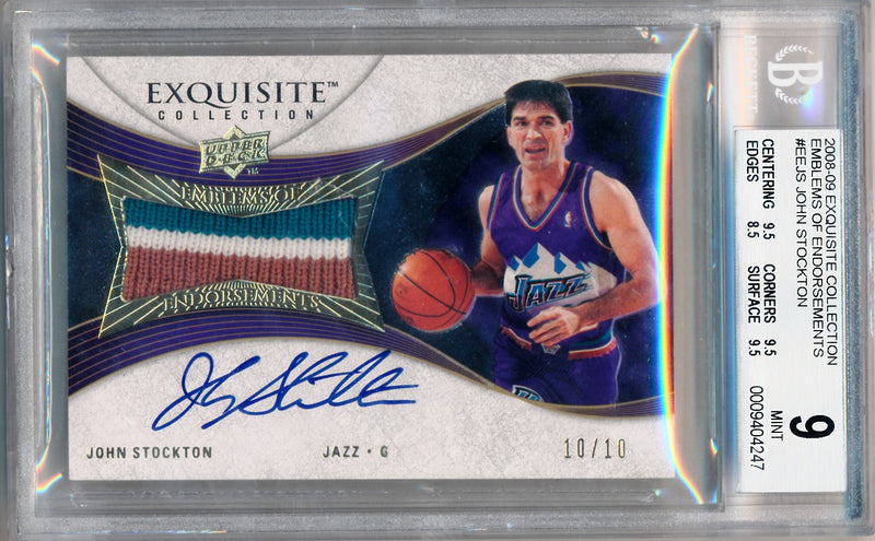 Upper Deck 2008-2009 Exquisite Collection Emblems Of Endorsement #EEJS John Stockton 10/10 / BGS Grade 9 / Auto Grade 10