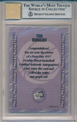 PressPass 1997-1998 Double Threat  Autographs #1A Tim Duncan  / BGS Grade 9 / Auto Grade 10