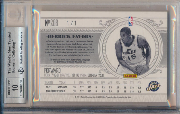 Panini 2010-2011 National Treasures NBA Logoman RC Auto #203 Derrick Favors 1/1 / BGS Grade 8.5 / Auto Grade 10