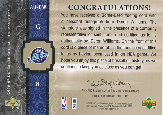 Upper Deck 2006-07 Ultimate Collection  Ultimate Jersey Autographs #AU-DW Deron Williams 59/75