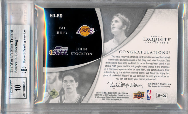 Upper Deck 2009-2010 Exquisite Collection Dual Numbers Pieces #ED-RS Pat Riley / John Stockton 7/12 / BGS Grade 8.5 / Auto Grade 10