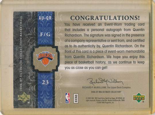 Upper Deck 2006-07 Ultimate Collection  Ultimate Jersey Autographs #AU-QR Quentin Richardson 13/75