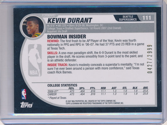 Topps  2007-2008 Stadium Club Refractor #102 Kevin Durant 730/999