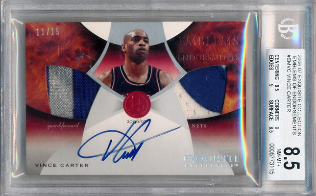 Upper Deck 2006-2007 Exquisite Collection Emblems Of Endorsement #EMVC Vince Carter 11/15 / BGS Grade 8.5 / Auto Grade 10