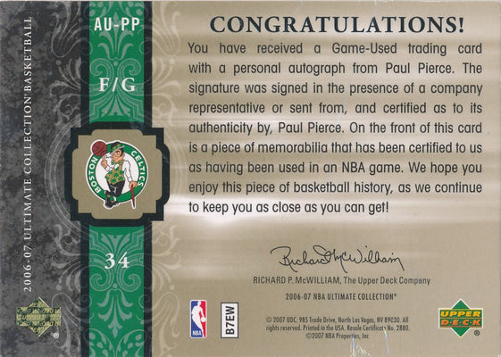 Upper Deck 2006-07 Ultimate Collection  Ultimate Jersey Autographs #AU-PP Paul Pierce 63/75